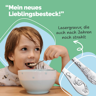 Kuppels Kinderbesteck mit Namensgravur, 4-teiliges Set aus Edelstahl, Bauernhof-Motiv