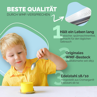 Kuppels Kinderbesteck mit Namensgravur, 4-teiliges Set aus Edelstahl, Bauernhof-Motiv