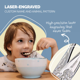 WMF Kinderbesteck mit Namensgravur, 4-teiliges Set aus Edelstahl, Tiere-Motif