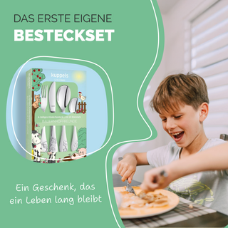 Kuppels Kinderbesteck mit Namensgravur, 4-teiliges Set aus Edelstahl, Bauernhof-Motiv