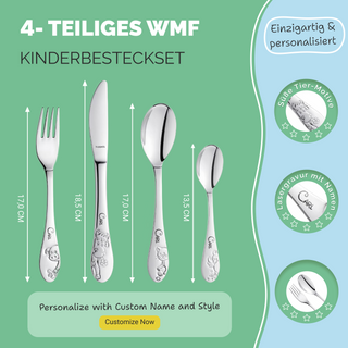 Kuppels Kinderbesteck mit Namensgravur, 4-teiliges Set aus Edelstahl, Bauernhof-Motiv