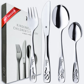 WMF Kinderbesteck mit Namensgravur, 4-teiliges Set aus Edelstahl, Tiere-Motif