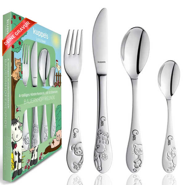 Kuppels Kinderbesteck mit Namensgravur, 4-teiliges Set aus Edelstahl, Bauernhof-Motiv